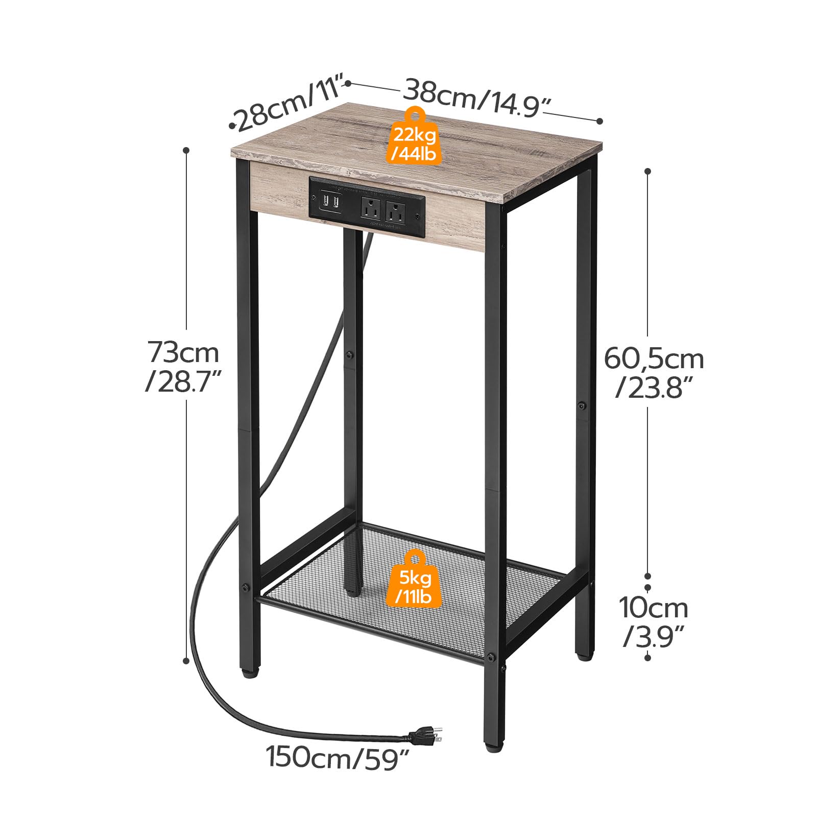 HOOBRO Tall Side Table with Charging Station, 28.7" H Industrial Telephone End Table, Small Entryway Table, Tall Bedside Table for Living Room, Hallway, Bedroom, Office, Greige BG08UDH01