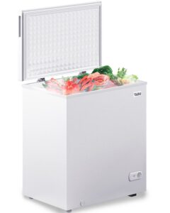 tabu 5.0 cu ft deep freezer, top open door chest freezer, compact freezer with removable storage basket, 7 level adjustable temperature and top open door, ideal for kitchen, basement (white)