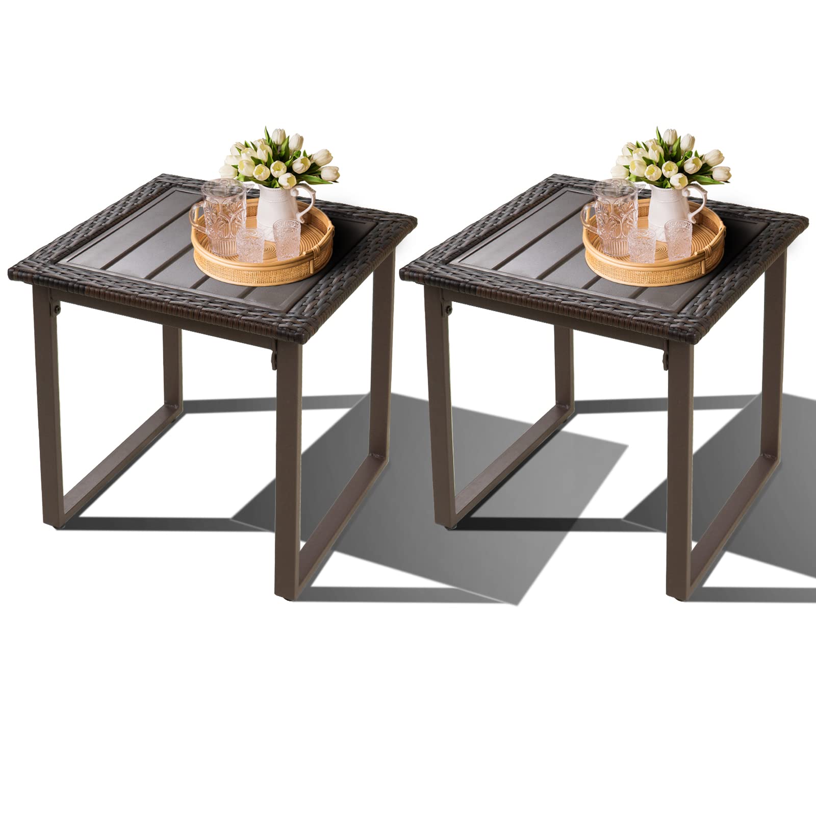 FYRICKYLINOO Outdoor Wicker Rattan Side End Tables for Patio Set of 2, All Weather Patio Square Coffee Tables, Outdoor Patio Furniture End Tables for Porch Lawn Garden Balcony Pool Bistro, Brown