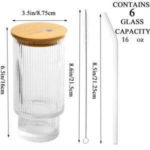 CAYOREPO 6 Pcs Set 16oz Ribbed Drinking Glasses with Bamboo Lids and Straws, Ribbed Glass Cups, Stackable Glasses, Vintage Water Glasses for Juice, Beer, Coffee, Tea and Cocktail (Clear (6Pcs))