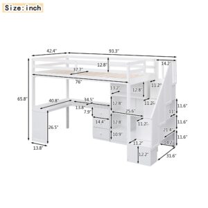 Twin Size Loft Bed with Staircase and L-Shaped Desk, Wooden Loft Bed with Storage Shelves and Drawers, Twin Loft Bunk Bed Frame for Kids Boys Girls Teens, No Box Spring Needed (White)