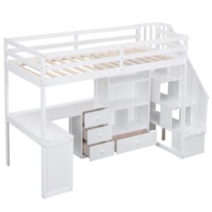 Twin Size Loft Bed with Staircase and L-Shaped Desk, Wooden Loft Bed with Storage Shelves and Drawers, Twin Loft Bunk Bed Frame for Kids Boys Girls Teens, No Box Spring Needed (White)