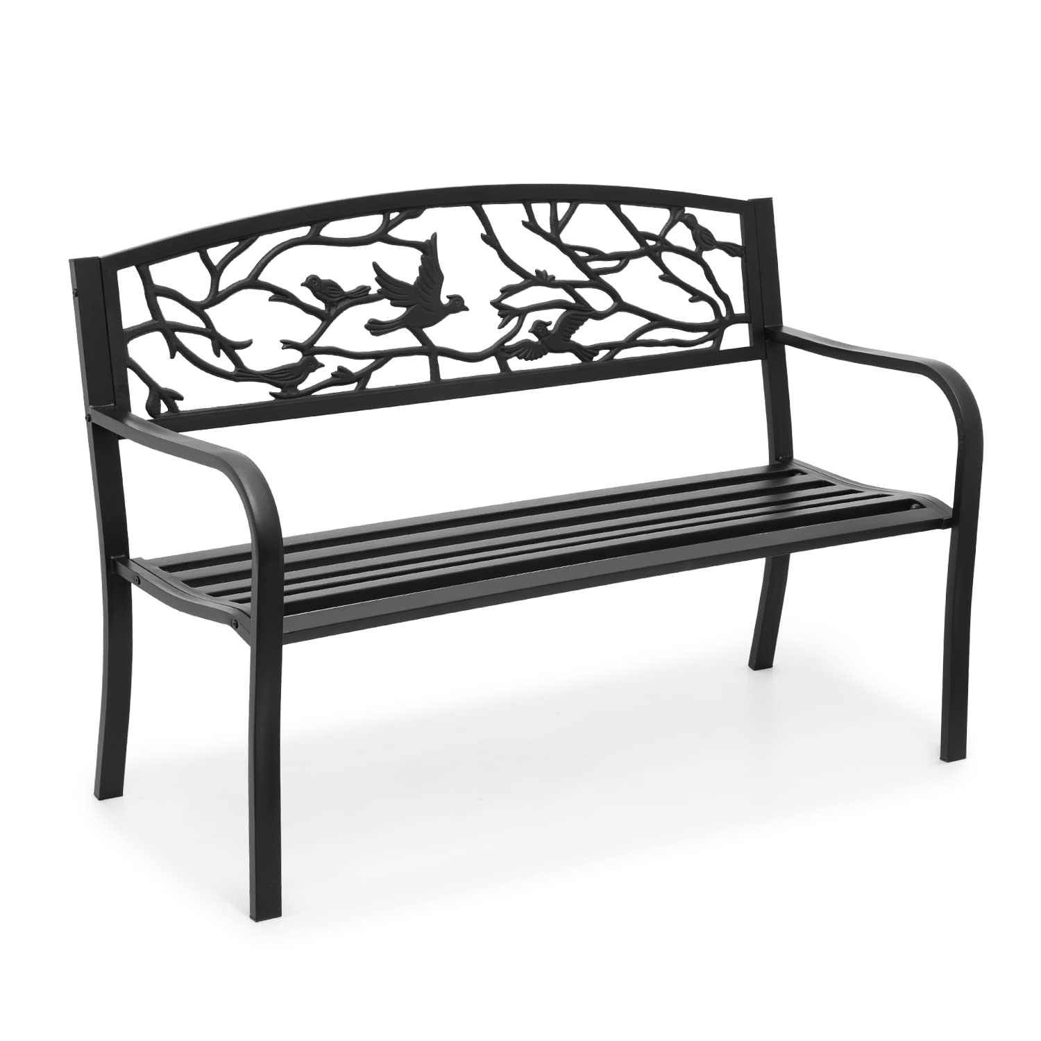 Magshion Patio Benches for Outdoors, 50" Patio Seating Balck Backrest Armrests Sturdy Steel Frame Birds and Branches Style Bench with Straight Legs for Yard Porch Work Entryway, 800lbs