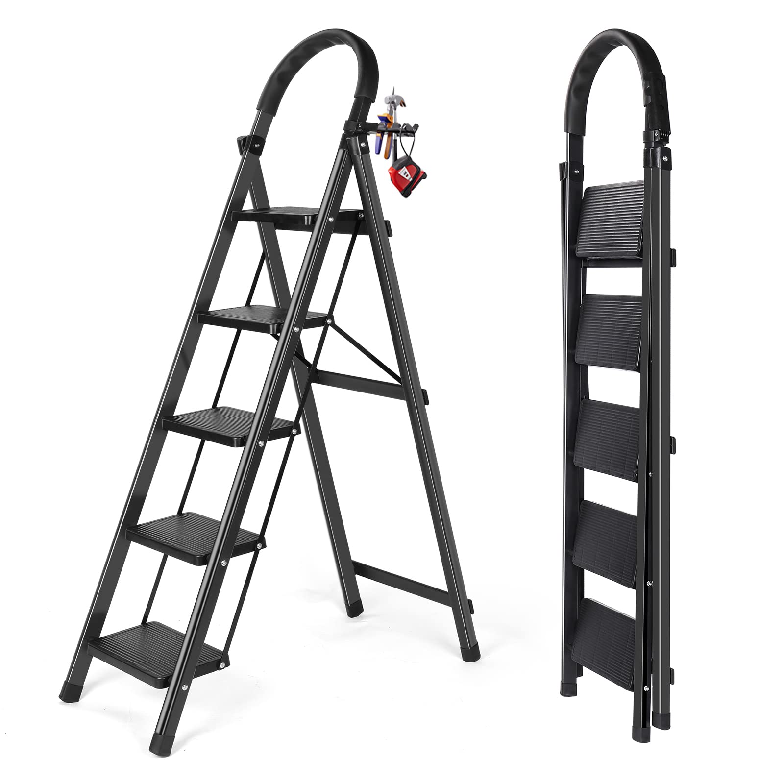 Timati 5 Step Ladder, Folding Step Stool, Wide Steps with Handrail Anti-Slip Step Ladder with Handgrip, Sturdy Steel Ladder, Lightweight and Portable Step Ladder for Home, Library, Office, Garage