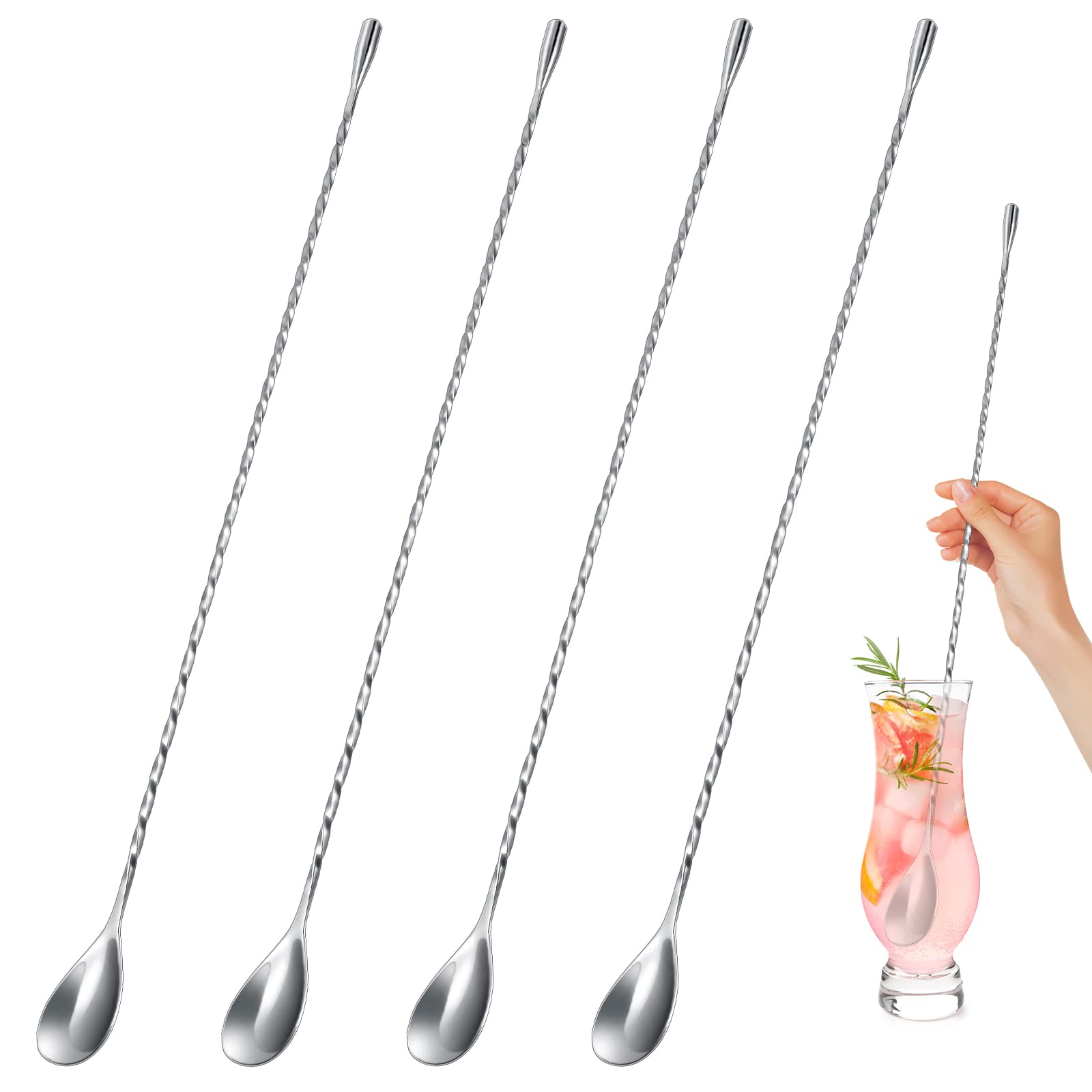 Roshtia 4 Pcs 15.7 Inches Bar Spoon Stainless Steel Cocktail Stirrer Mixing Spoon Spiral Pattern Bar Spoon for Cocktail Shaker Tall Cups