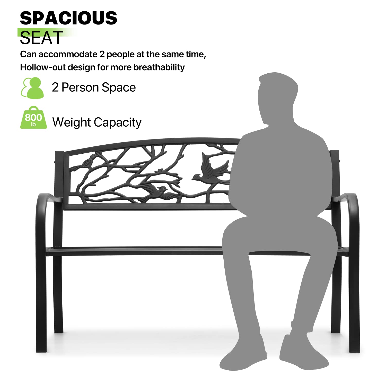 Magshion Patio Benches for Outdoors, 50" Patio Seating Balck Backrest Armrests Sturdy Steel Frame Birds and Branches Style Bench with Straight Legs for Yard Porch Work Entryway, 800lbs