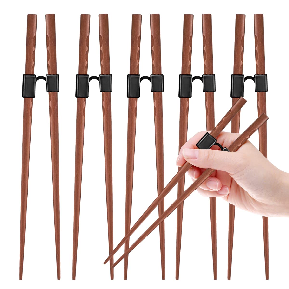 5 Pairs Reusable Training Chopsticks Helpers for Beginner Trainer Learner, Japanese Wooden Chopsticks pack and Holder Helper Set, Dishwasher Safe, L8.86Inch (6.Rosewood tortoiseshell)