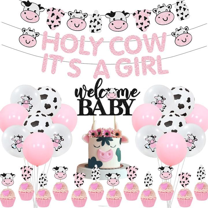 Cheereveal Cow Print Baby Shower Decorations Girl, Holy Cow It's a Girl Baby Shower Decorations, Pink Cow Garland, Welcome Baby Cake Toppers for Farm Animal Floral Girl Baby Shower Party Decoration