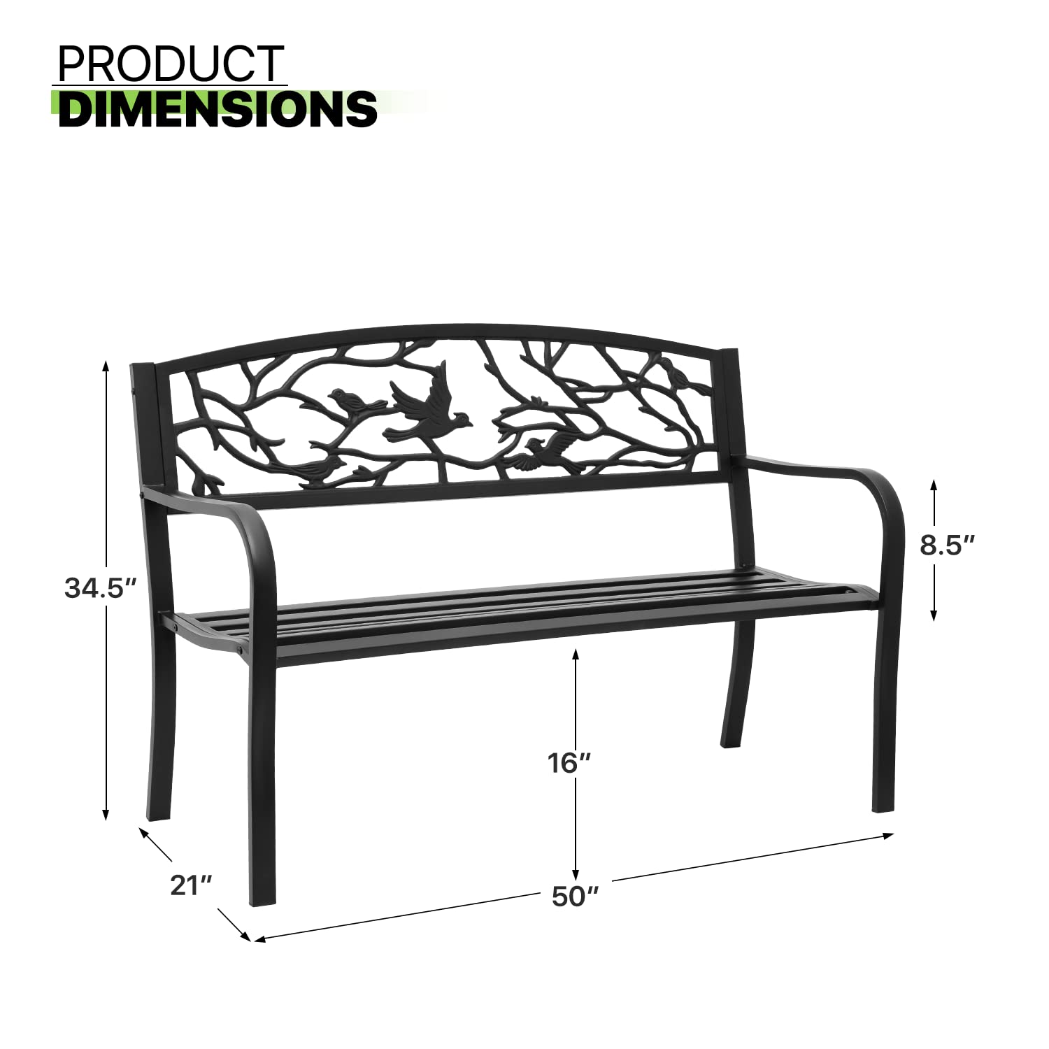 Magshion Patio Benches for Outdoors, 50" Patio Seating Balck Backrest Armrests Sturdy Steel Frame Birds and Branches Style Bench with Straight Legs for Yard Porch Work Entryway, 800lbs