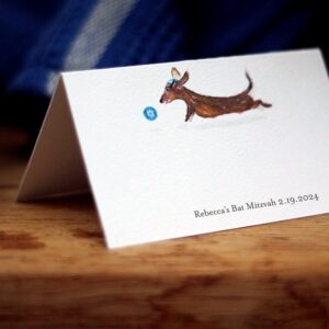 Personalized bar or bat mitzvah Place Cards with Dachshund wearing a yamaka. Folding table tent style. NO INDIVIDUAL NAMES (LEAPING WITH BLUE BALL)