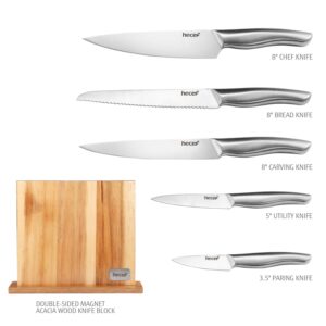 Hecef 6 Piece Kitchen Knife Block Set,All Metal Construction Hollow Handle Tapper Ground Knives & Double Sided Magnet Wood Knife Block