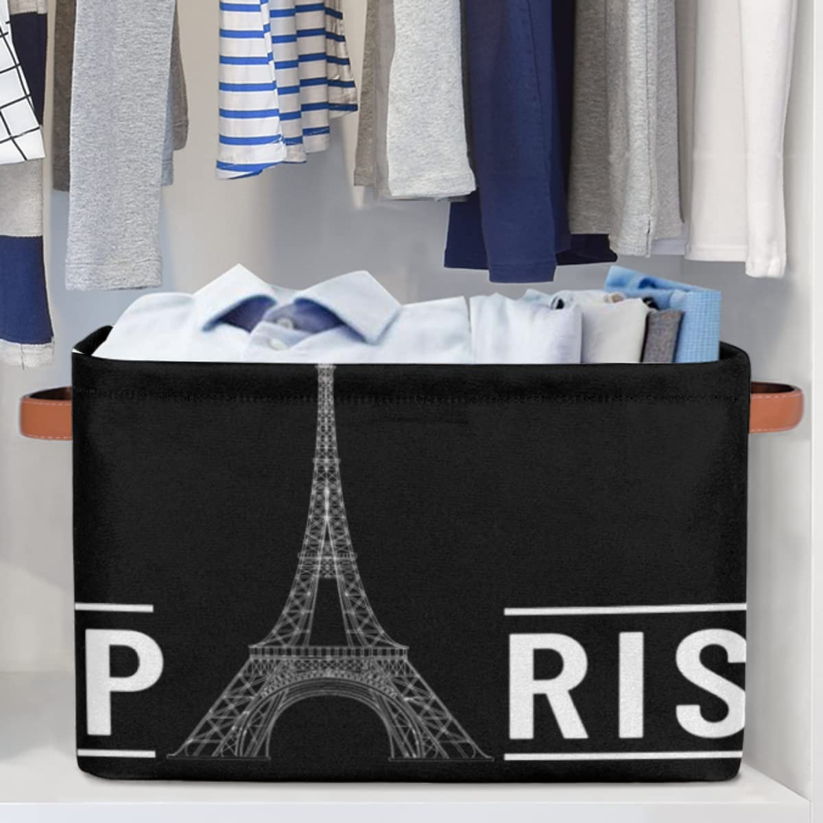 Funky Qiu Eiffel Tower Paris Storage Basket Cube Quote Large Toys Storage Box Bin with Handle Collapsible Closet Shelf Cloth Organizer for Nursery Bedroom,15x11x9.5 in,1 Pack