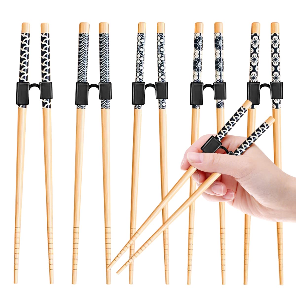 5 Pairs Reusable Training Chopsticks Helpers for Beginner Trainer Learner, Japanese Bamboo Chopsticks pack and Holder Set, Dishwasher Safe, L8.86Inch (1.Chopsticks Helpers-Glaze print 5pcs)