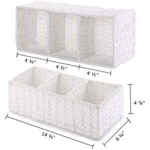 Vagusicc 3-Section Wicker Baskets for Shelves, Hand-Woven Paper Rope Wicker Storage Basket, Toilet Paper Basket for Toilet Tank Top, Baskets for Organizing, 2-Pack, White