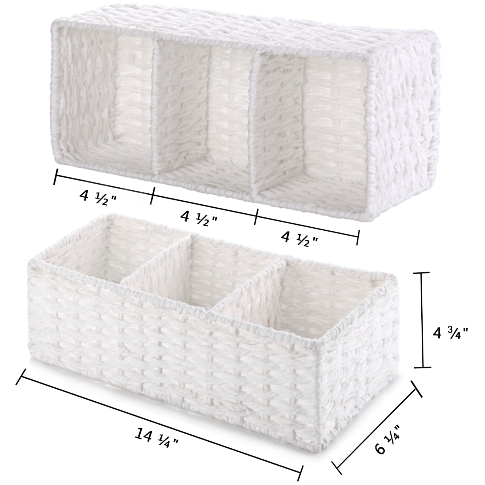 Vagusicc 3-Section Wicker Baskets for Shelves, Hand-Woven Paper Rope Wicker Storage Basket, Toilet Paper Basket for Toilet Tank Top, Baskets for Organizing, 2-Pack, White