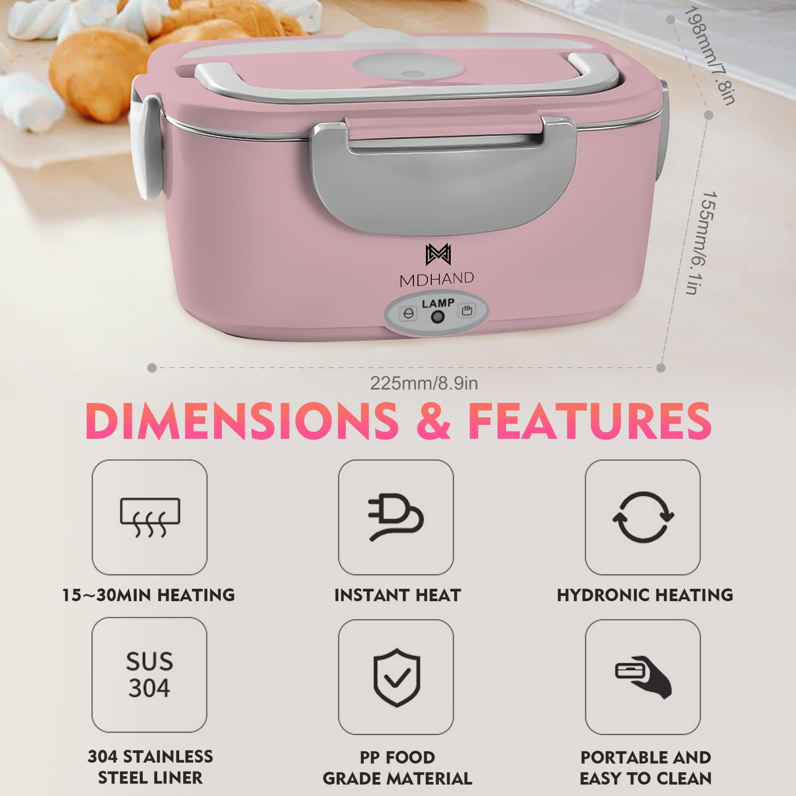 MDHAND Electric Lunch Box Food Heater, 65W Faster Heated Lunch Box, Food Warmer Lunch Box 110V/12V/24V Self Heating Lunch Box for Work/Car/Outdoors, Portable Heated Lunch Box for Adult with Lunch Bag