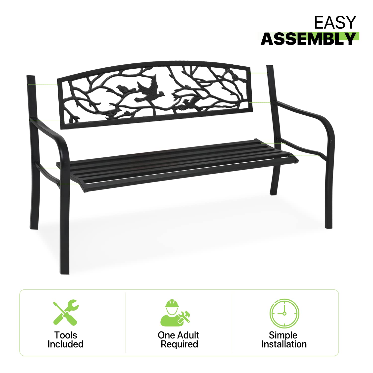 Magshion Patio Benches for Outdoors, 50" Patio Seating Balck Backrest Armrests Sturdy Steel Frame Birds and Branches Style Bench with Straight Legs for Yard Porch Work Entryway, 800lbs