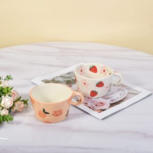 Koythin Ceramic Coffee Mug, Cute Creative Hand Printed Mug Design for Office and Home, 6.5 oz/200 ml for Latte Tea Milk (Strawberries and Flowers)