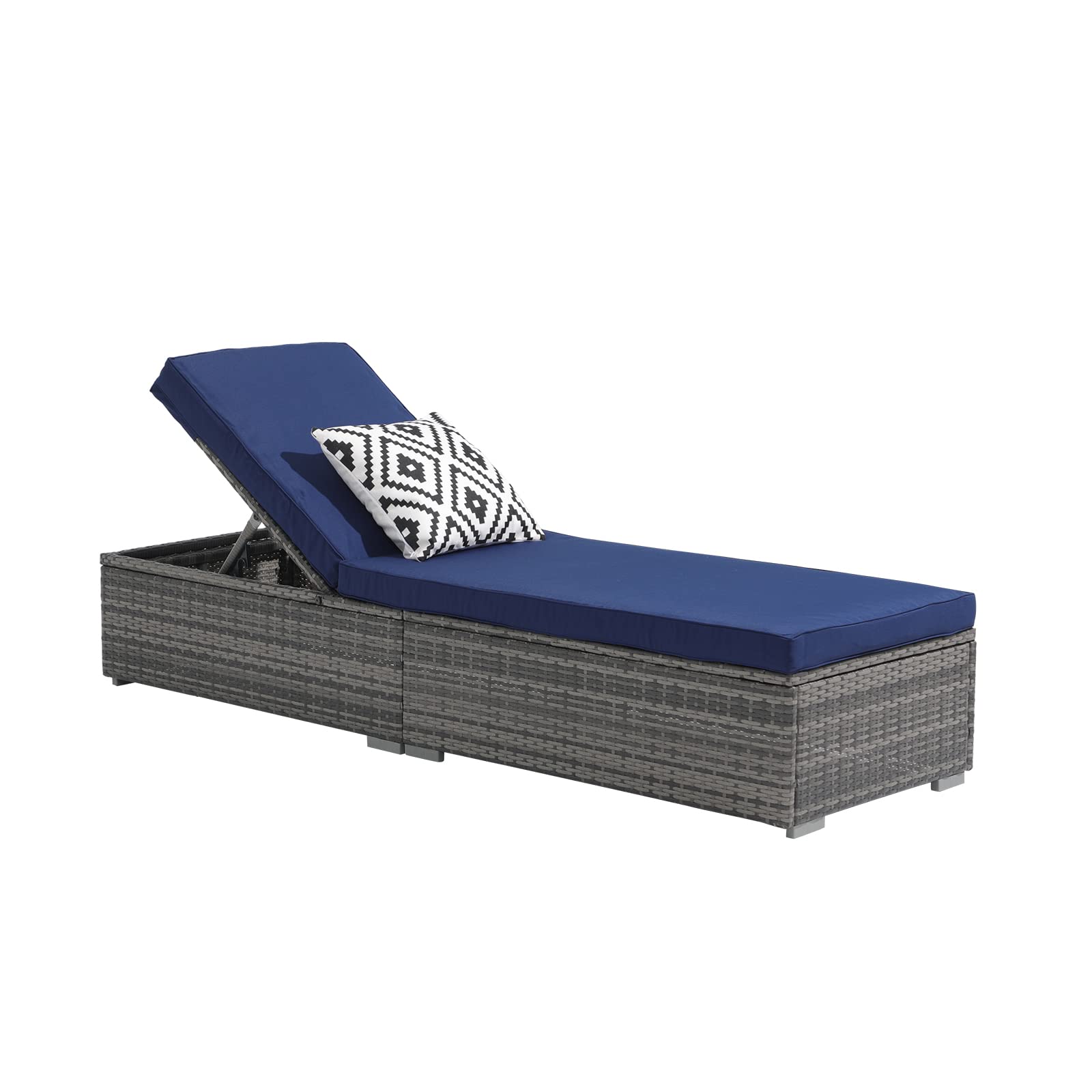 Patiorama Outdoor Patio Chaise Lounge Chair, Elegant Reclining Adjustable Pool Rattan Chaise Lounge Chair with Navy Blue Cushion, Grey PE Wicker, Steel Frame