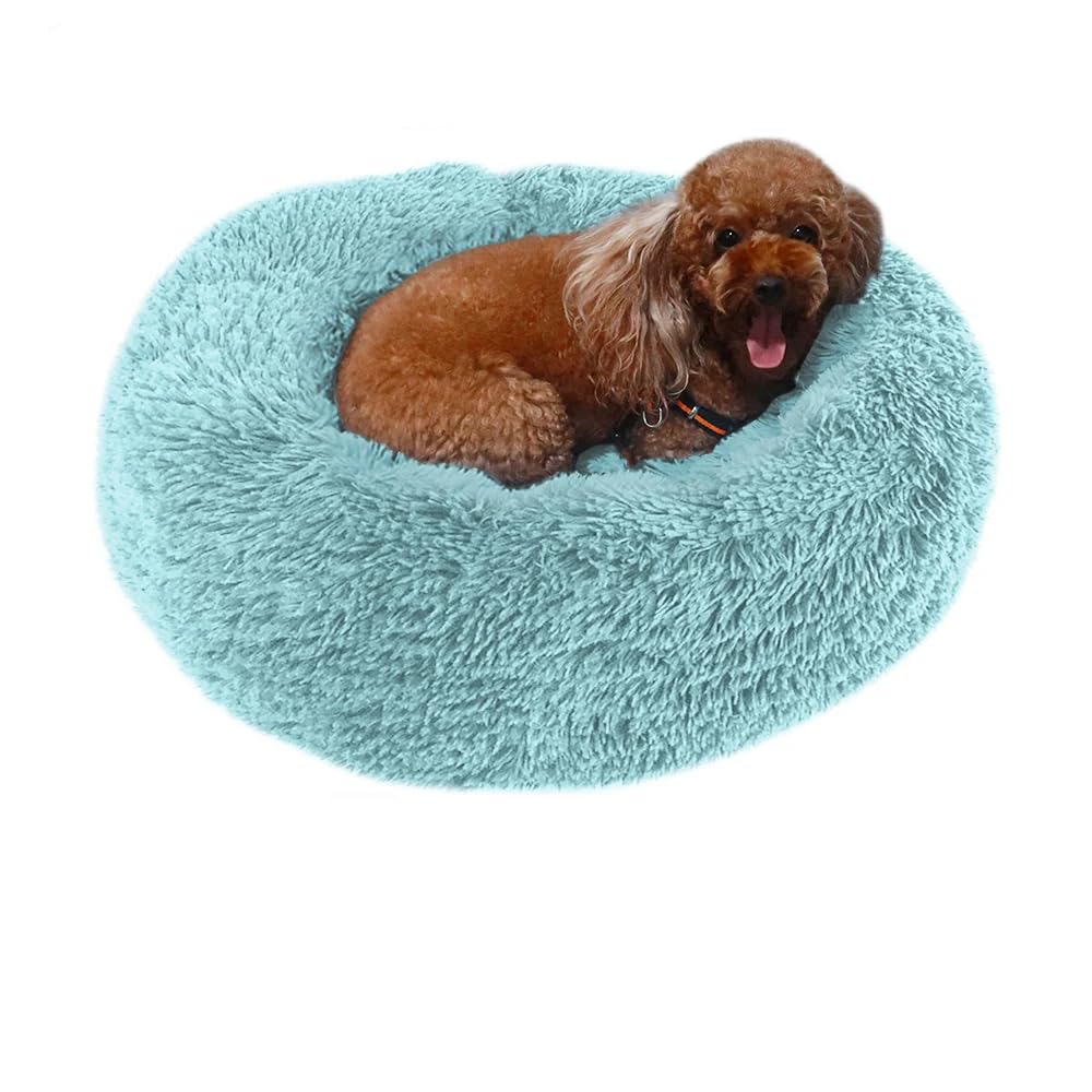 Dog Beds for Melium Dogs, XLarge Cat Beds for 4-5 Indoor Cats/Small Dogs, Anti Anxiety Round Fluffy Plush Faux Fur Cat Bed,Thick Bottom (Blue, 28”x 28”x 7.9”, Up to 55lbs)