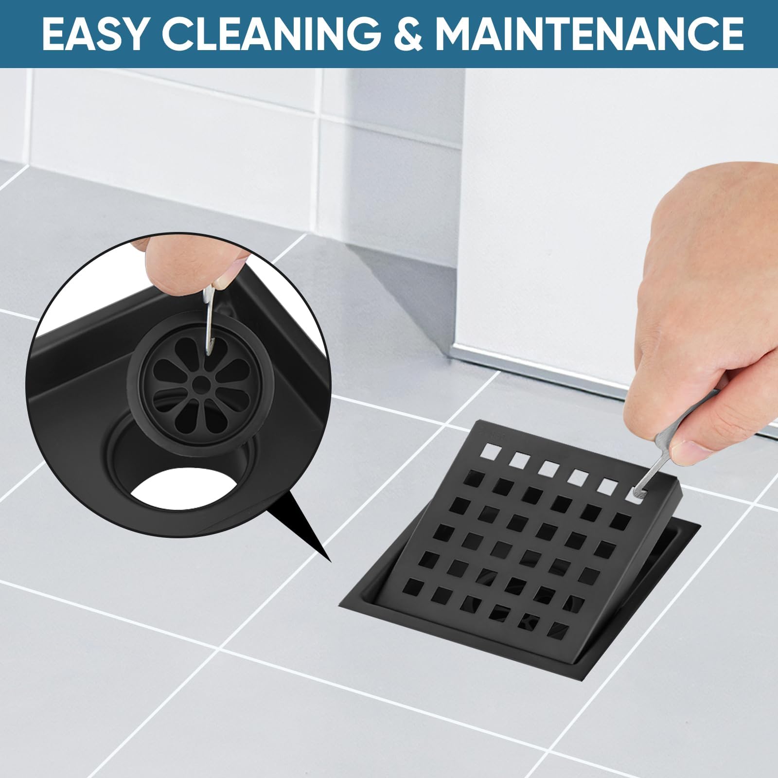 TICONN 4.33'' Square Floor Shower Drain, Lattice Square Perforated Pattern Easy Cleaning Removable Grate, Rustproof SUS 304 Stainless Steel (Matte Black, 4.33'')