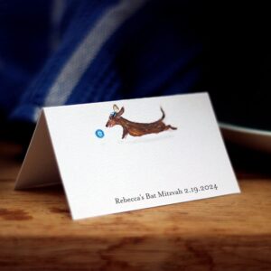 Personalized bar or bat mitzvah Place Cards with Dachshund wearing a yamaka. Folding table tent style. NO INDIVIDUAL NAMES (LEAPING WITH BLUE BALL)