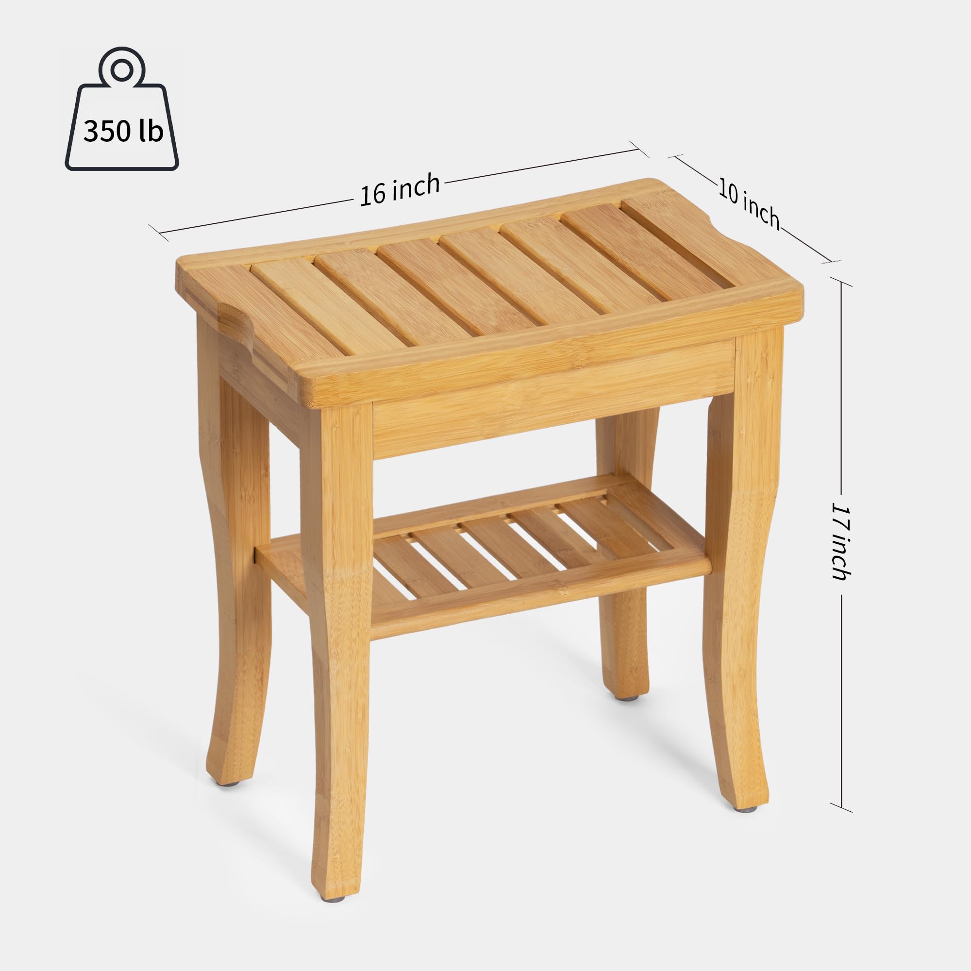 BEKVEM Bamboo Shower Bench, Spa Small Shower Stool for Inside Shower Waterproof, Bathroom Bench Seat with Storage Shelf for Adults Elderly Seniors, Wood Chair for Indoor or Outdoor Use, Natural