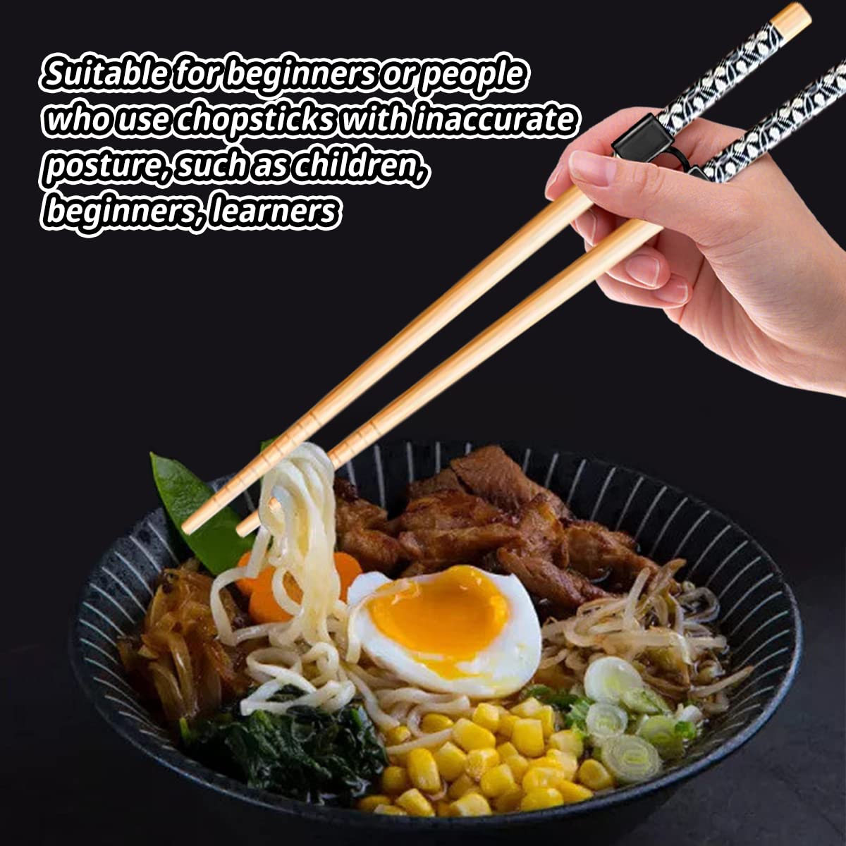 5 Pairs Reusable Training Chopsticks Helpers for Beginner Trainer Learner, Japanese Bamboo Chopsticks pack and Holder Set, Dishwasher Safe, L8.86Inch (1.Chopsticks Helpers-Glaze print 5pcs)