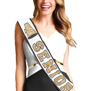 Senior Cheer Sash - Ribbon Edge Gold Sparkle with Black Outline Cheer Senior White PREMIUM GRADE SATIN Sash - High School Cheerleader Squad Supplies (RbnCheer GLD w/BLK) WHT