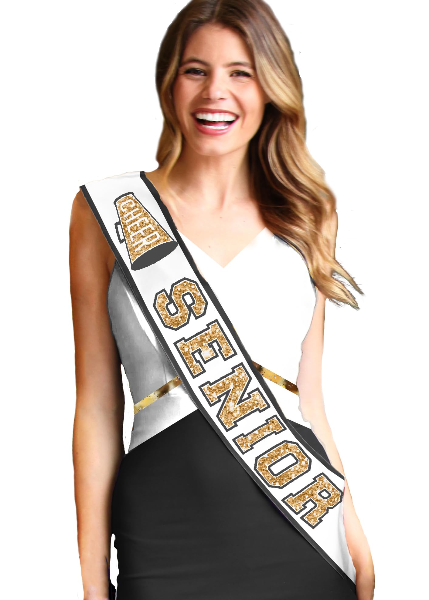 Senior Cheer Sash - Ribbon Edge Gold Sparkle with Black Outline Cheer Senior White PREMIUM GRADE SATIN Sash - High School Cheerleader Squad Supplies (RbnCheer GLD w/BLK) WHT