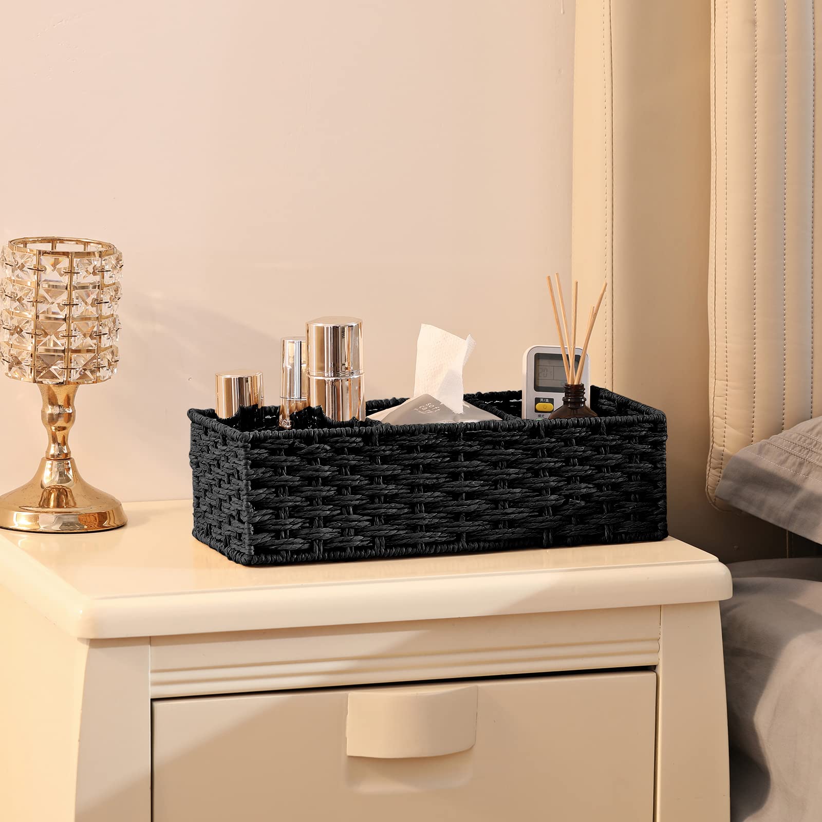 Vagusicc 3-Section Wicker Storage Basket, Hand-Woven Paper Rope Wicker Baskets for Organizing, Toilet Tank Basket, Black Baskets for Bathroom, 2-Pack, Black