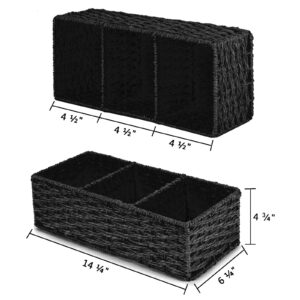 Vagusicc 3-Section Wicker Storage Basket, Hand-Woven Paper Rope Wicker Baskets for Organizing, Toilet Tank Basket, Black Baskets for Bathroom, 2-Pack, Black