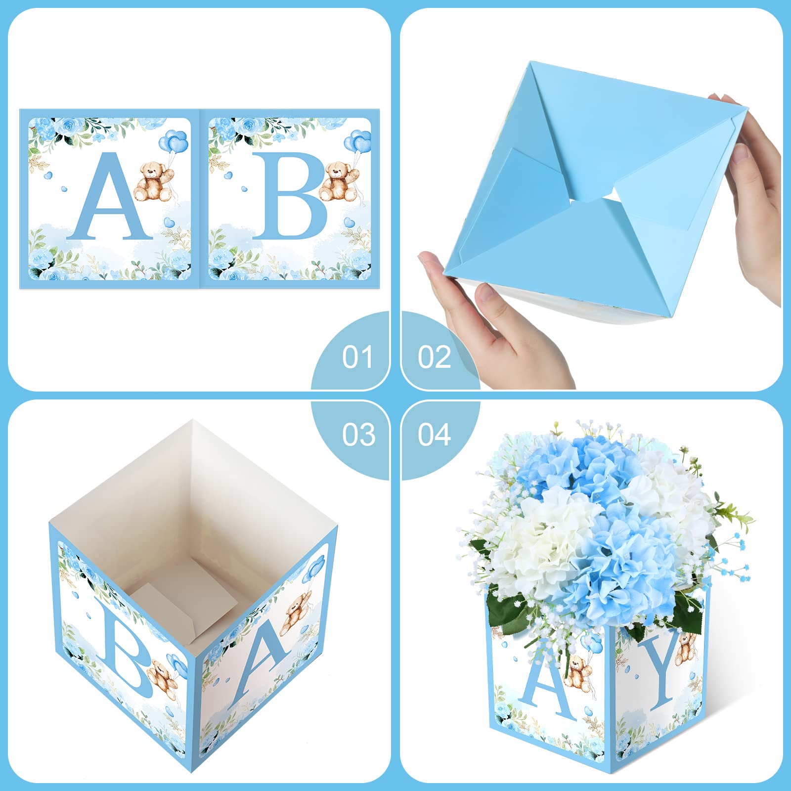 Bucherry 6 Pcs Baby Shower Party Decorations Baby Flower Boxes Centerpiece Rustic Table Display with Letters Gender Reveal Party Favor Block Holder(Blue,Blue Bear)