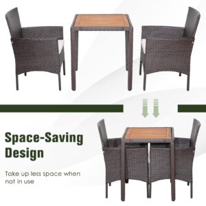 Tangkula 3 Pieces Patio Furniture Set, Outdoor Mix Brown Wicker Dining Set w/Acacia Wood Top Table, Comfortable Cushioned Chairs, Space-Saving Rattan Conversation Set for Garden, Backyard, Porch