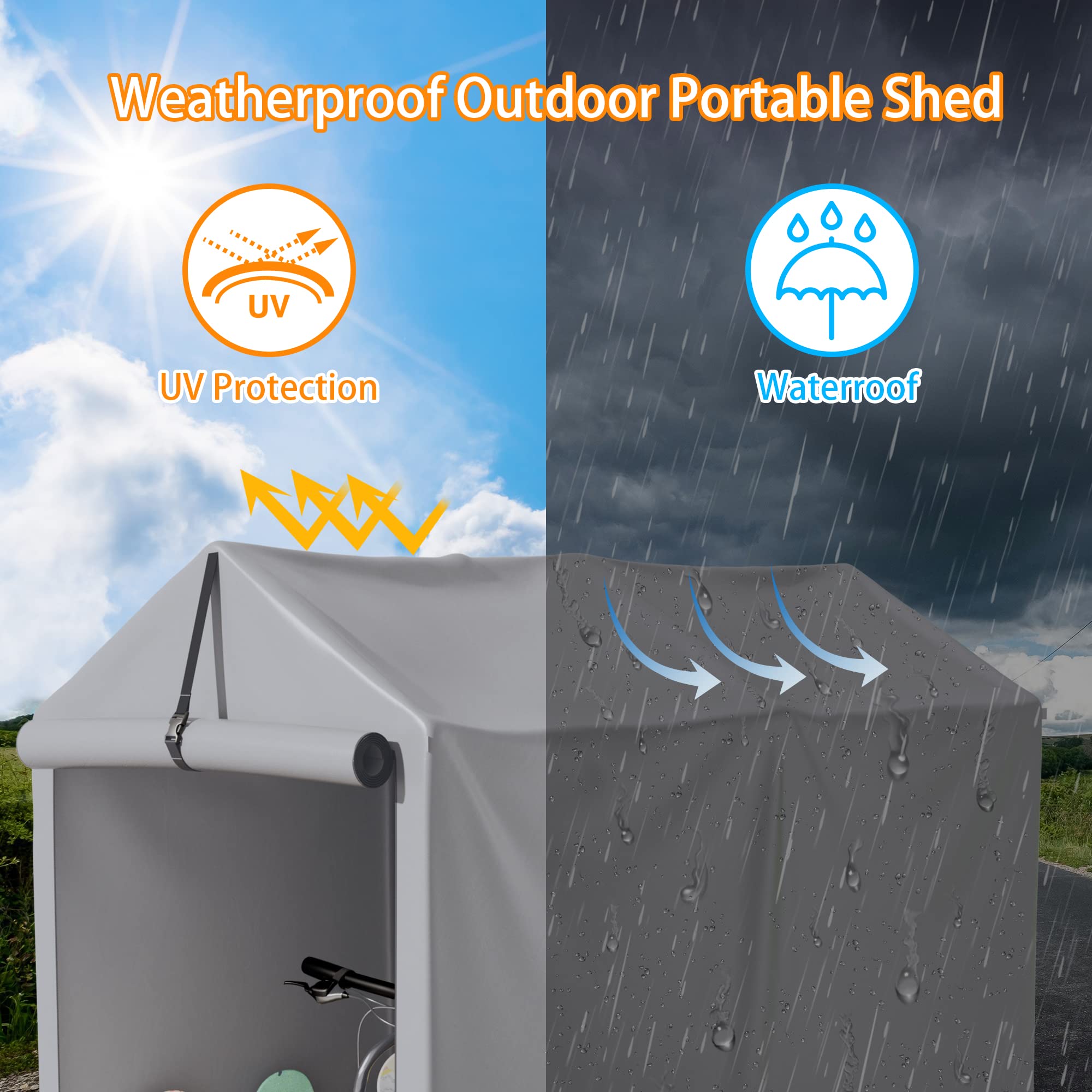 Greesum Outdoor Storage Shed 6 x 3 x 5 ft Canopy Portable Shelter Heavy Duty Carport with Roll-up Zipper Door for Bike, Motorcycle, Garden Storage, Waterproof and UV Resistant, Silver