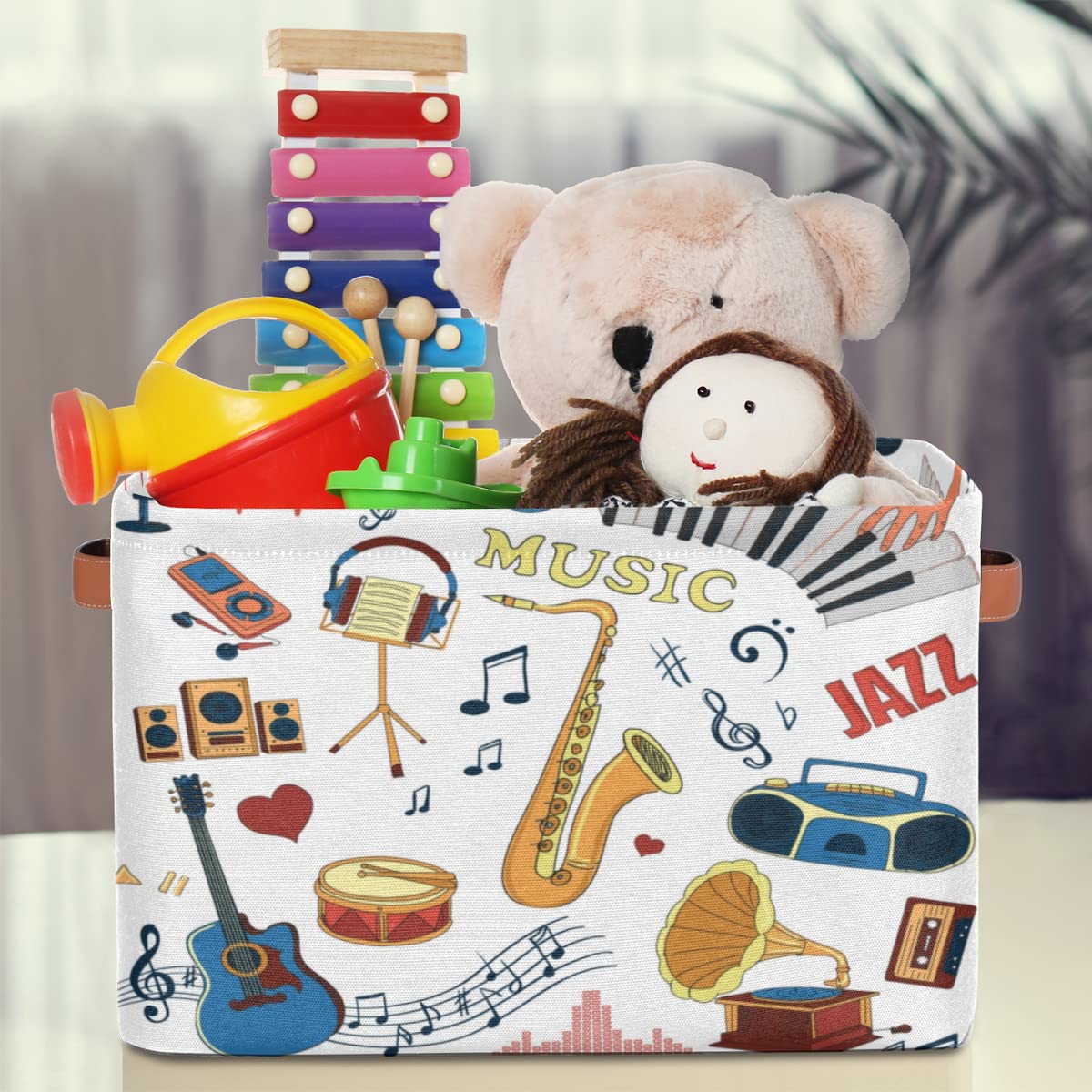 Musical Instruments Storage Basket Cube Piano Guitar Large Toys Storage Box Bin with Handle Collapsible Closet Shelf Cloth Organizer for Nursery Bedroom,15x11x9.5 in,1 Pack