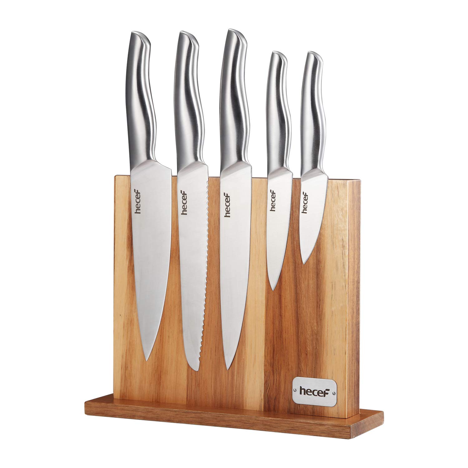 Hecef 6 Piece Kitchen Knife Block Set,All Metal Construction Hollow Handle Tapper Ground Knives & Double Sided Magnet Wood Knife Block