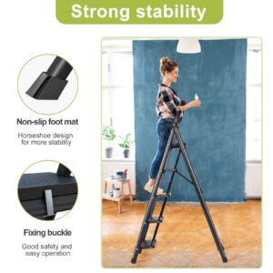 Timati 5 Step Ladder, Folding Step Stool, Wide Steps with Handrail Anti-Slip Step Ladder with Handgrip, Sturdy Steel Ladder, Lightweight and Portable Step Ladder for Home, Library, Office, Garage