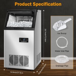 Commercial Ice Maker Machine, 140Lbs/24 with 2 Water Inlet Modes, 45Pcs Ice Cubes 8 Mins, 15" Stainless Steel Under Counter/Freestanding Ice Machine with 35Lbs Storage Bin for Home/Shop/Office/Bar