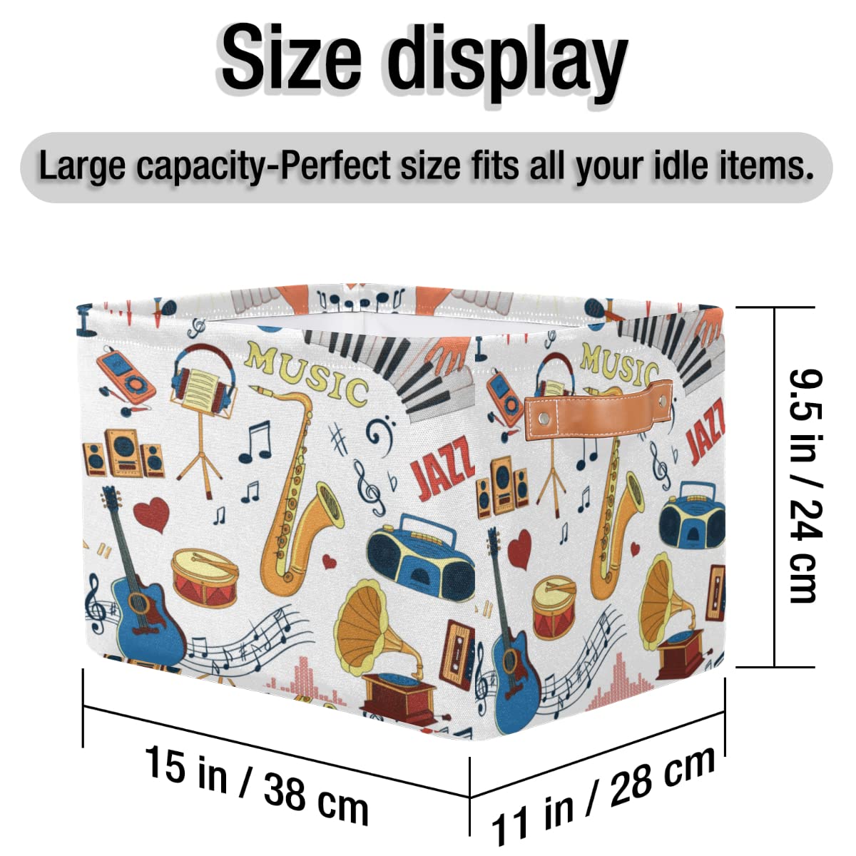 Musical Instruments Storage Basket Cube Piano Guitar Large Toys Storage Box Bin with Handle Collapsible Closet Shelf Cloth Organizer for Nursery Bedroom,15x11x9.5 in,1 Pack