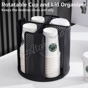 Rotatable Coffee Cup Dispenser with 4 Compartments, Atavarna Cups and Lids Holder for 5-16oz Cups Organizer for Restaurant, Coffee Station, Bar, Office, Home-9.25" x 9.25" x 8.66"