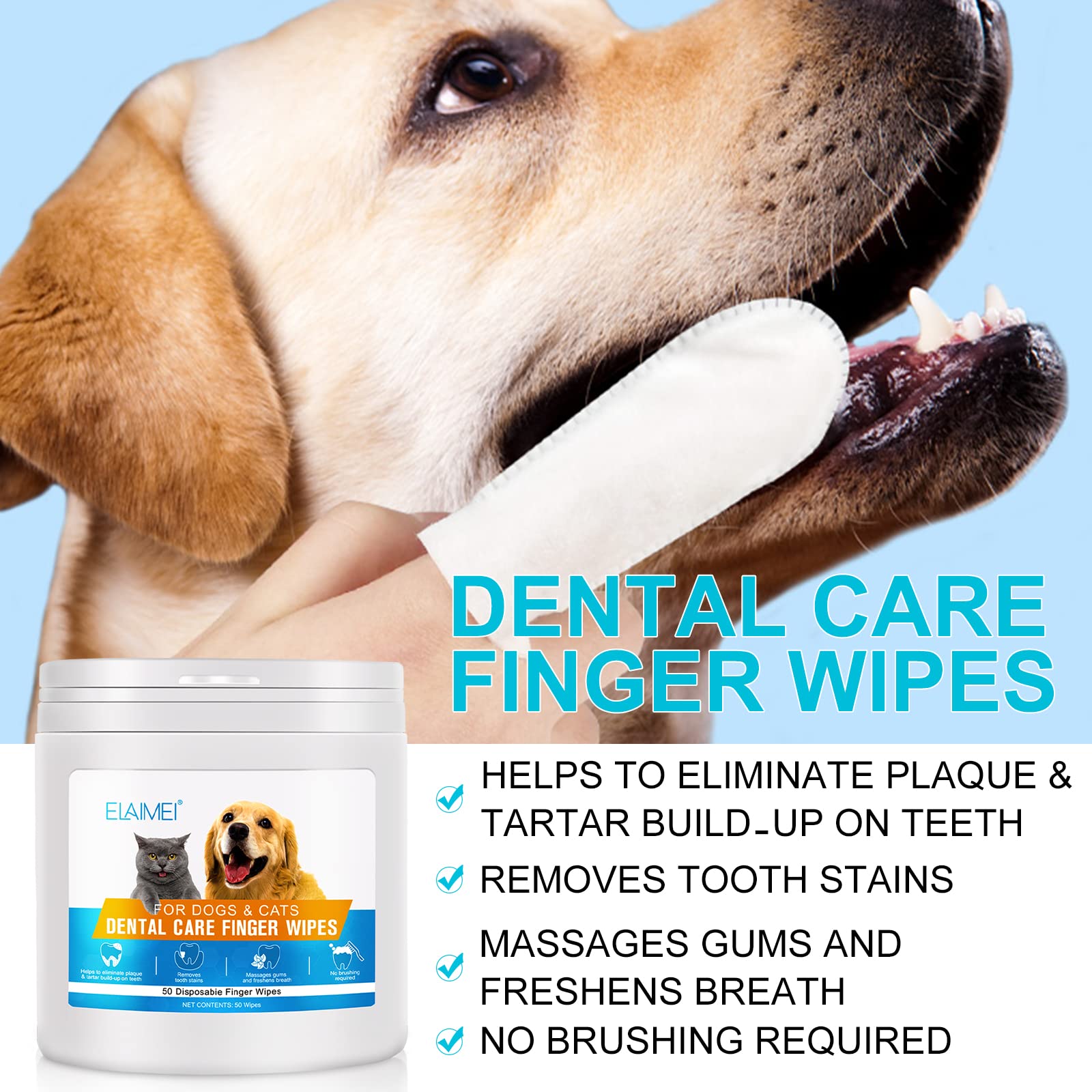 Teeth Cleaning Finger Wipes for Dogs, Dog Dental Care Wipes for Cats & Dogs, Pet Oral Cleansing Presoaked Teeth Wipes - No Brushing Fingers Wet Wipes for Freshen Breath, Reduce Plaque & Tartar - 2Pack