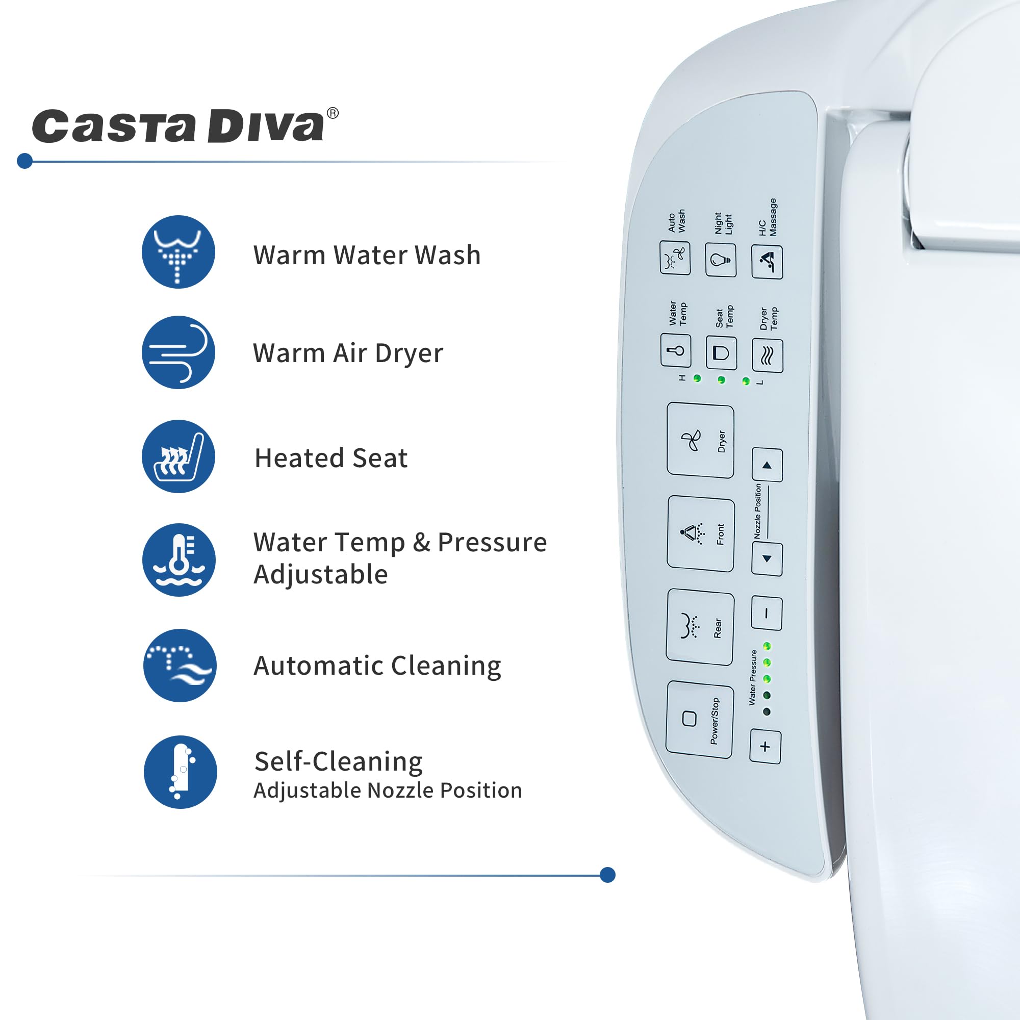 Casta Diva Electric Bidet Seat with Side Panel, Heated Toilet Seat with Bidet, Warm Water, Air Dryer, Nightlight, Fits Elongated Toilets (Elongated with Panel)