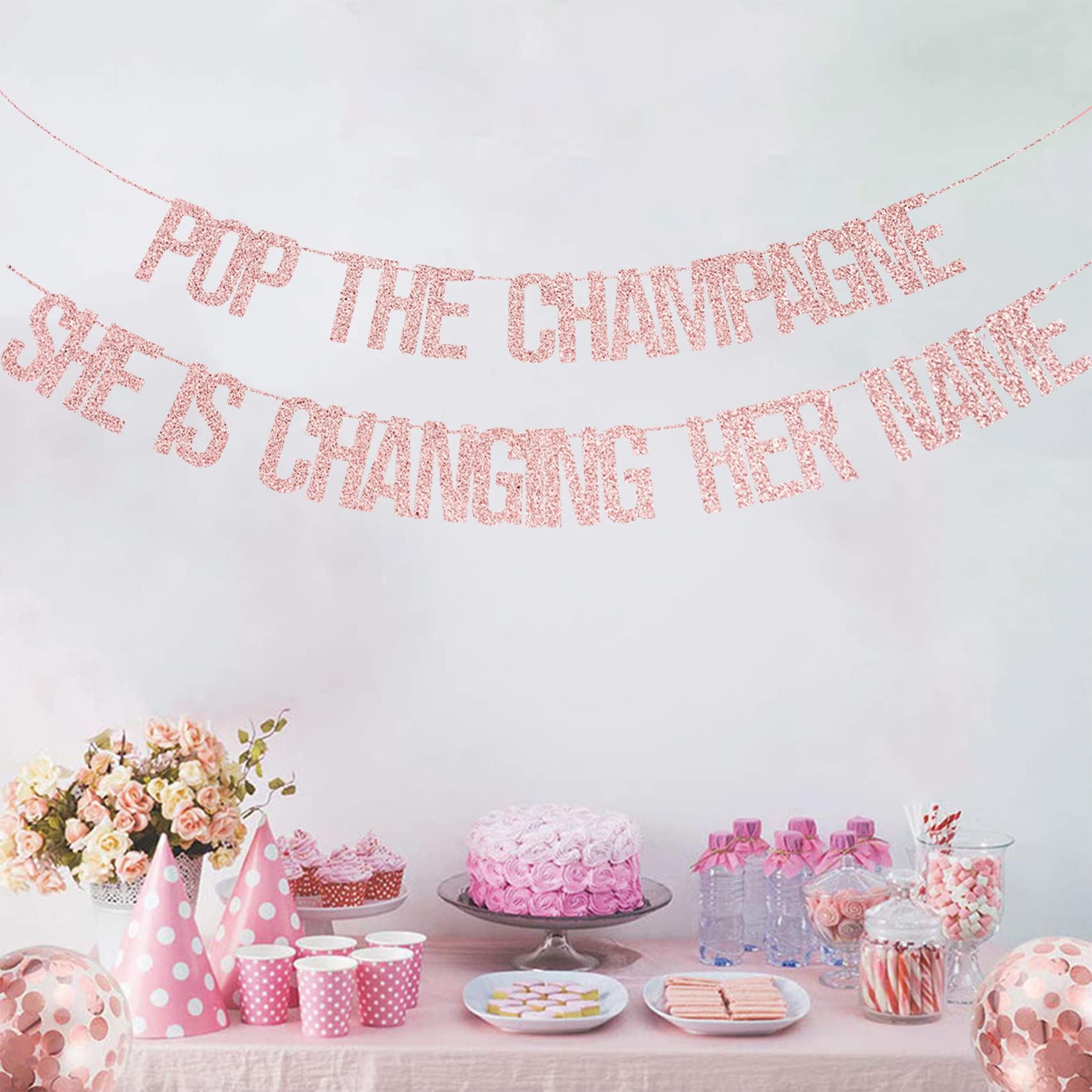 Pop The Champagne She Is Changing Her Name Banner, Rose Gold Glitter Bachelorette Party Decorations Pre-strung Signs, Engagement Party Supplies, Wedding Brunch & Bridal Shower Décor