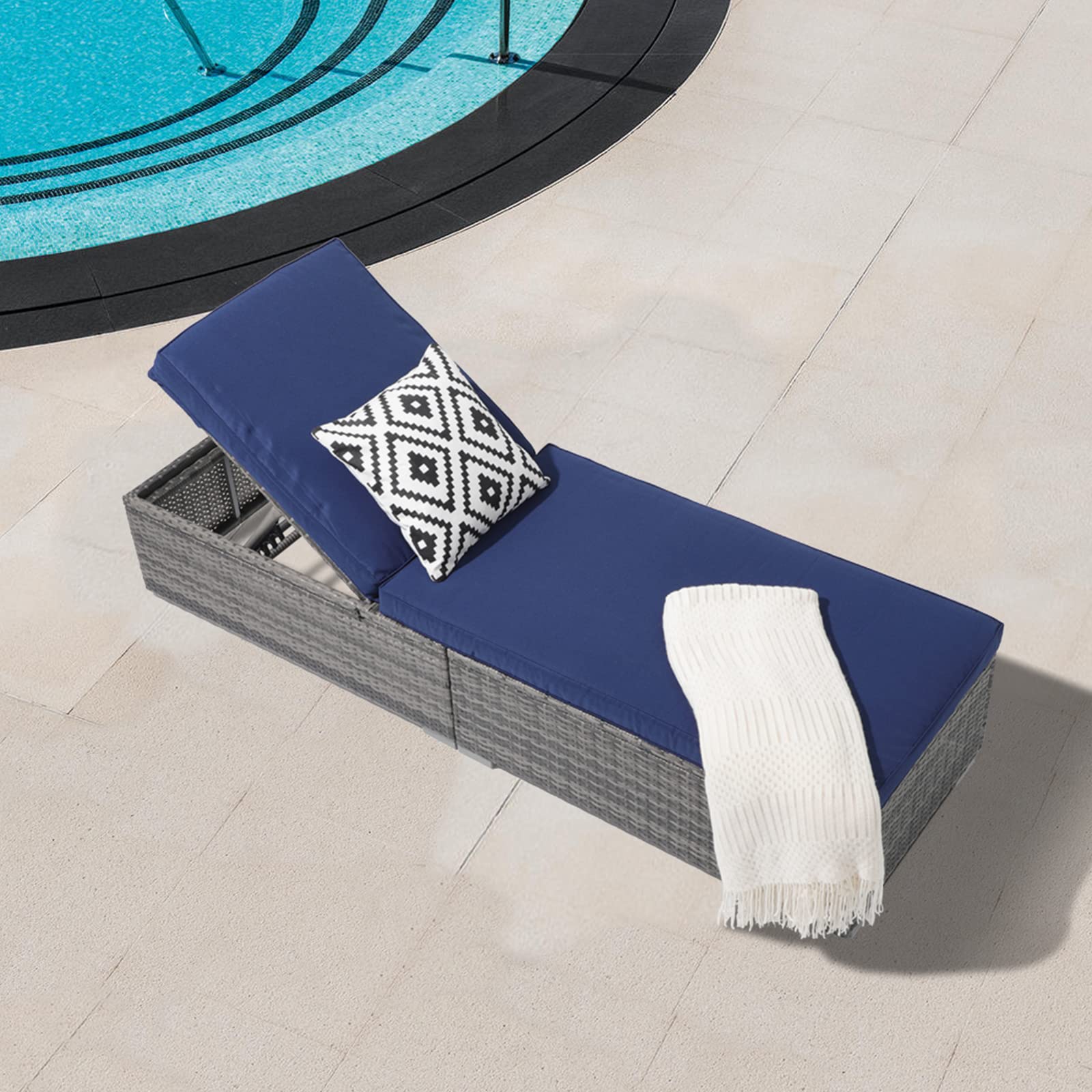 Patiorama Outdoor Patio Chaise Lounge Chair, Elegant Reclining Adjustable Pool Rattan Chaise Lounge Chair with Navy Blue Cushion, Grey PE Wicker, Steel Frame