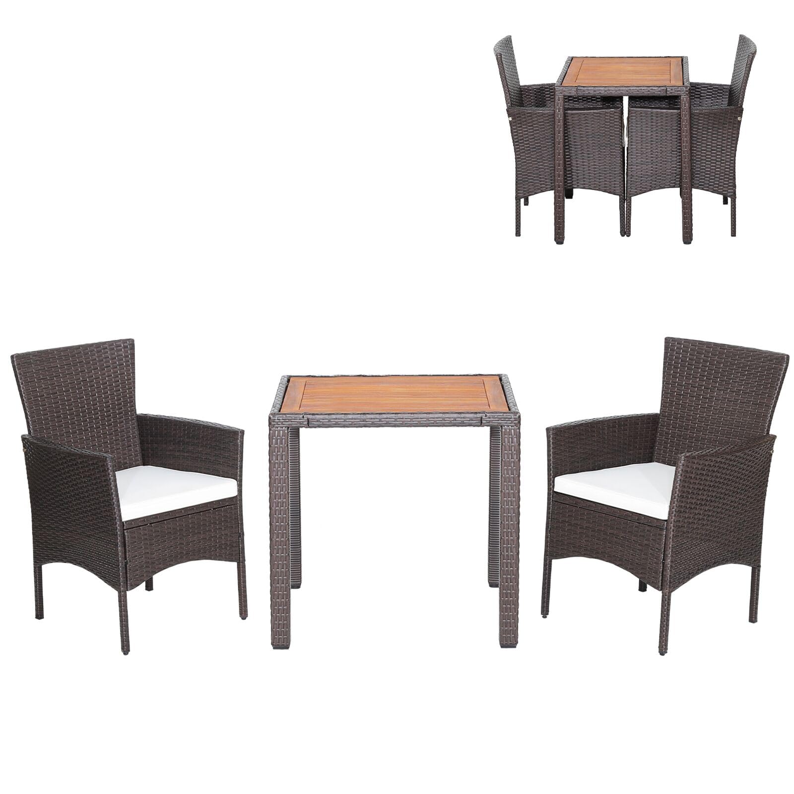 Tangkula 3 Pieces Patio Furniture Set, Outdoor Mix Brown Wicker Dining Set w/Acacia Wood Top Table, Comfortable Cushioned Chairs, Space-Saving Rattan Conversation Set for Garden, Backyard, Porch