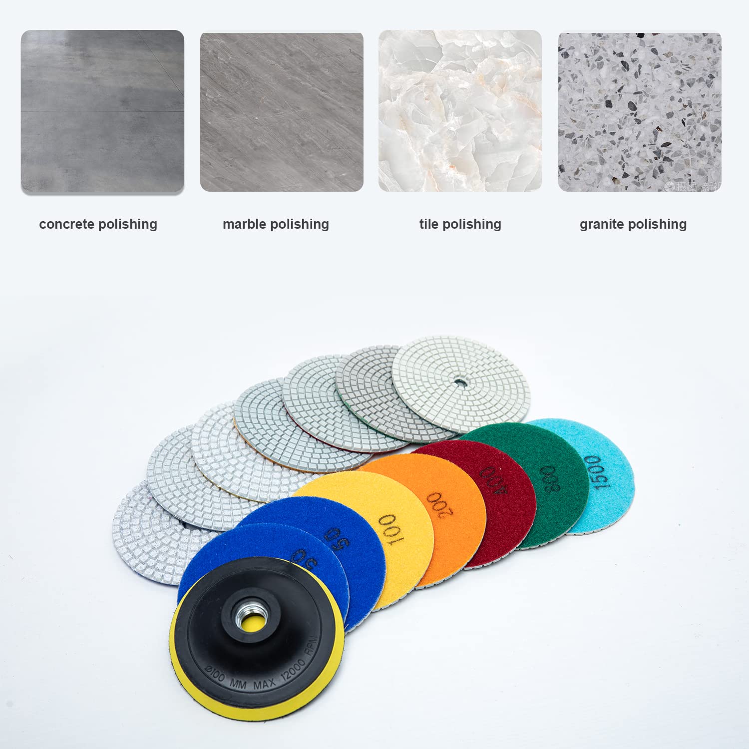 SSATISCN 4 Inch Diamond Polishing Pads with 5/8’’-11 Backer Pad 8PCS Wet/Dry Polish Pad Kit 50-1500 Grit for Tile Granite Marble Concrete Polishing