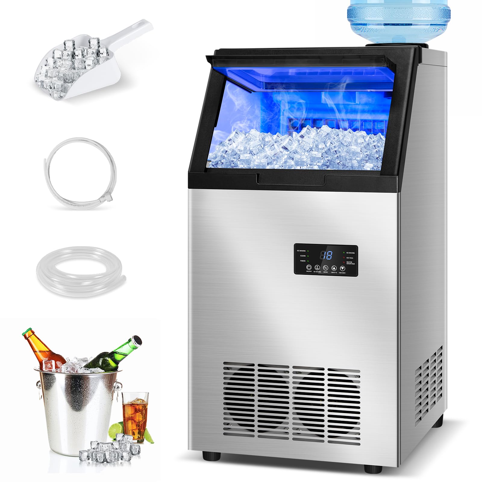 Commercial Ice Maker Machine, 140Lbs/24 with 2 Water Inlet Modes, 45Pcs Ice Cubes 8 Mins, 15" Stainless Steel Under Counter/Freestanding Ice Machine with 35Lbs Storage Bin for Home/Shop/Office/Bar