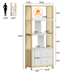 Amyove Gold Bookshelf with Drawers Modern Bookcase Storage Rack Shelf Tall Standing Bookshelves Metal Frame Large Display Racks Book Shelf for Bedroom, Living Room, Home Office, White/Gold