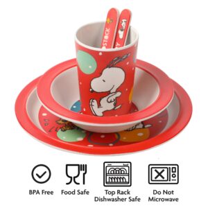 Peanuts Snoopy Fun Times 5-Piece Bamboo Melamine Dinnerware Set For Kids - Red